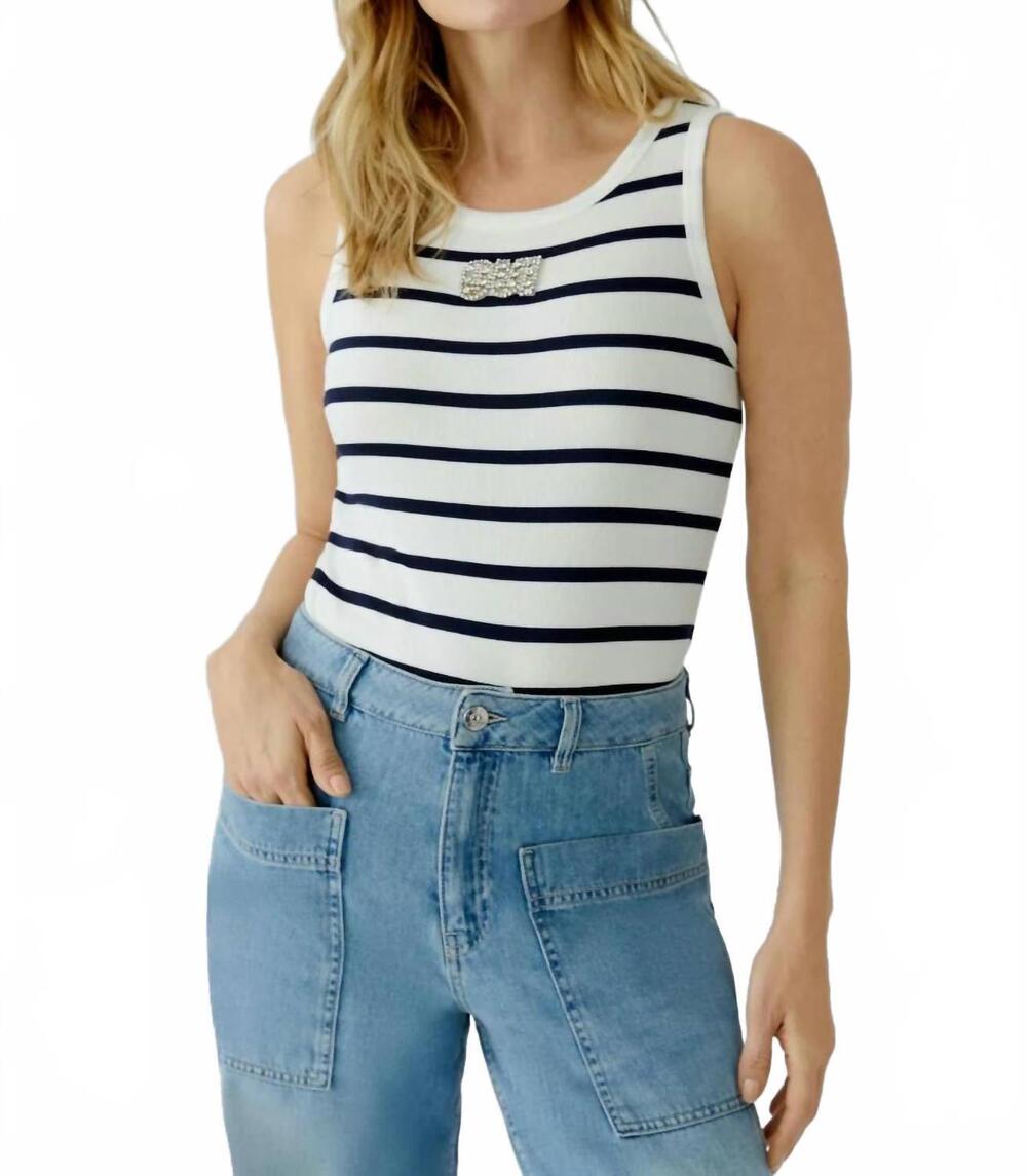 NEW OUI striped with embellished logo tank top in off white blue